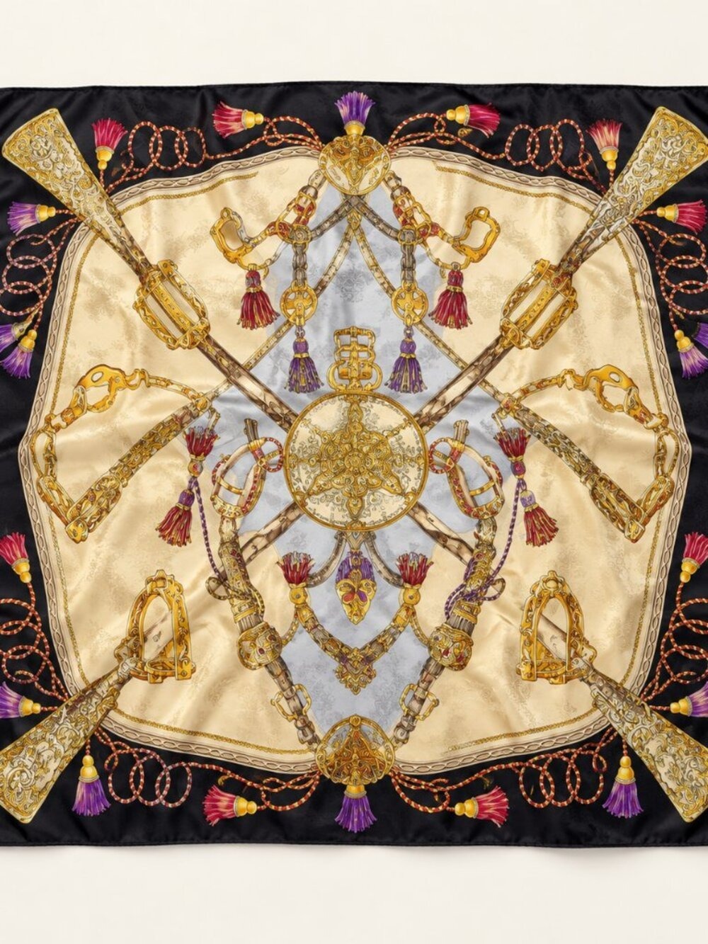Vintage Lancel Paris Silk Scarf Black Cream Equestrian Print 0846